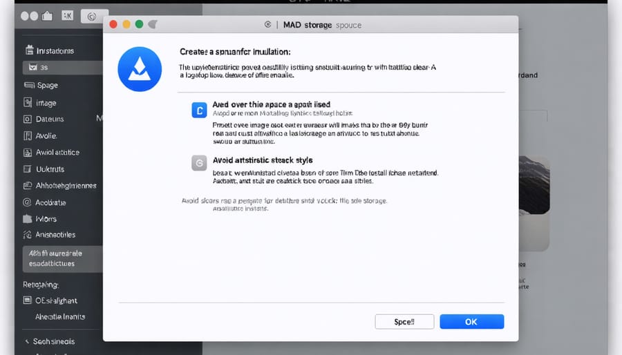 MacOS system dialog showing 'Not enough disk space available for installation' warning