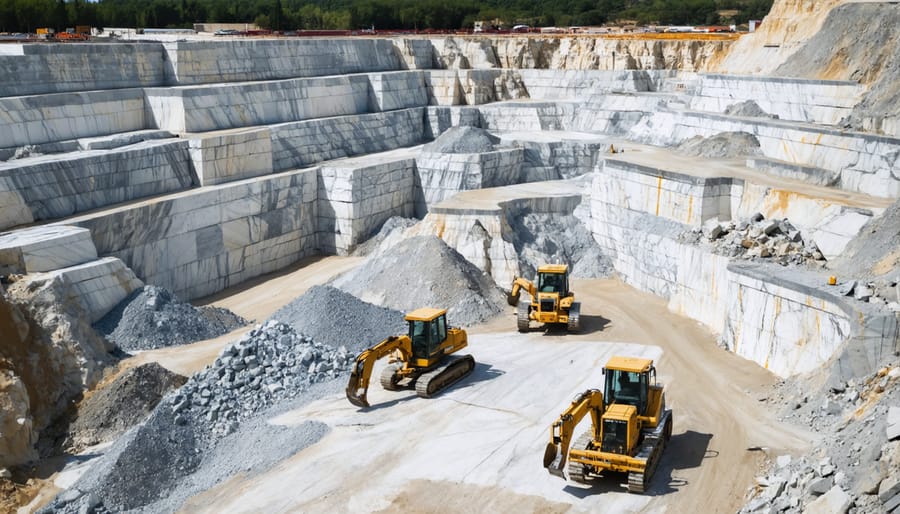 Large-scale marble quarry operation showing extraction levels and equipment