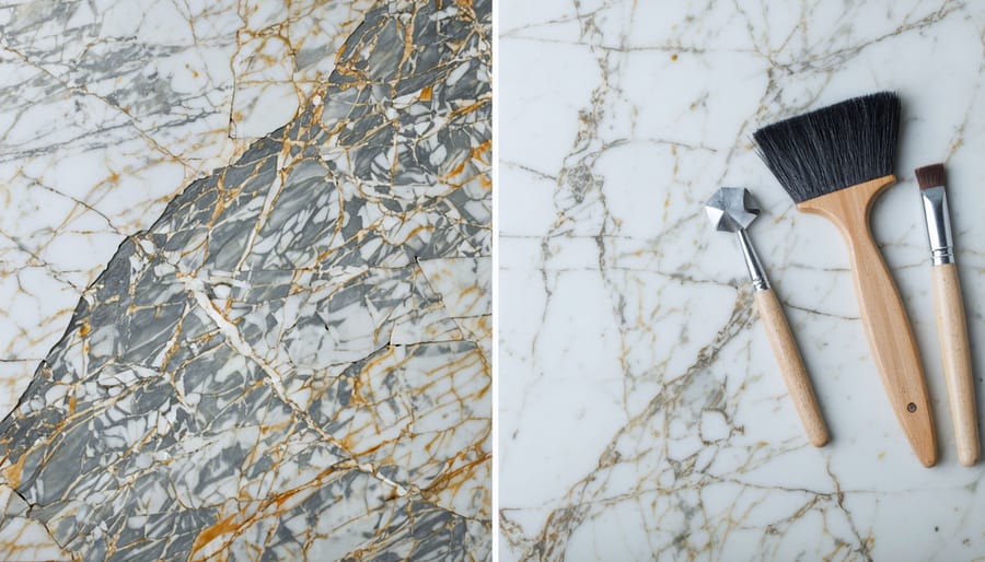 Side-by-side comparison of damaged and restored marble, highlighting the transformation from a worn surface to a smooth, polished finish.