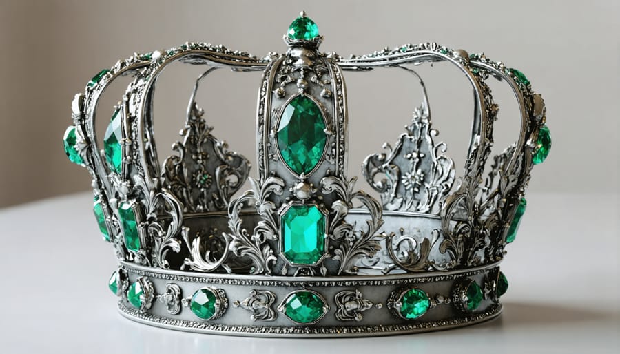 Historical European crown with large emerald gemstones in gold setting