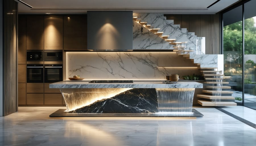 Luxury kitchen design showcasing a marble waterfall island with wooden cabinets