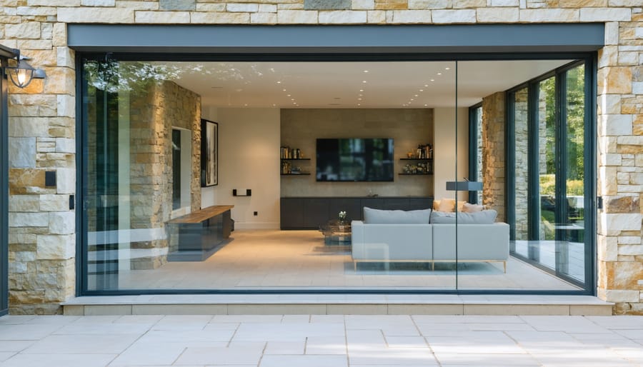 Contemporary glass addition seamlessly integrated with historic stone house architecture