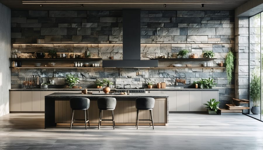 Contemporary kitchen interior with original stone wall as feature element