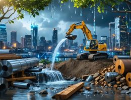 Modern steel manufacturing process depicted with raw materials being transformed into premium construction metal in a high-tech factory setting, showcasing a city skyline, ancient metallurgy tools, and elements symbolizing sustainability.