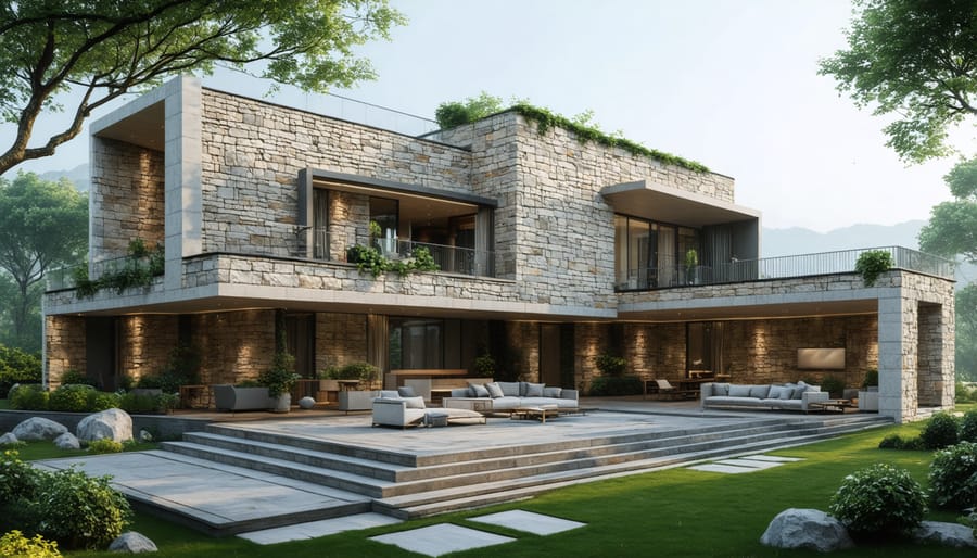 Contemporary architecture blending modern design with traditional stone construction methods