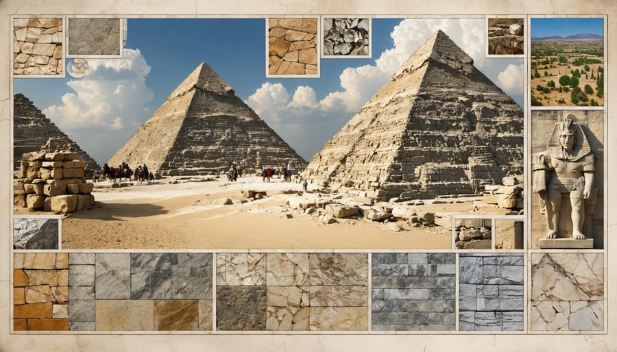 A collage of iconic stone structures including the Great Pyramids of Giza, Parthenon, and Petra, representing the historical journey and cultural significance of natural stone in architecture.