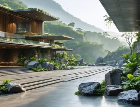 A modern building with natural stone elements surrounded by lush greenery, illustrating the sustainable use of stone in construction. The background shows a sustainable quarry operation, emphasizing eco-friendly stone extraction practices.