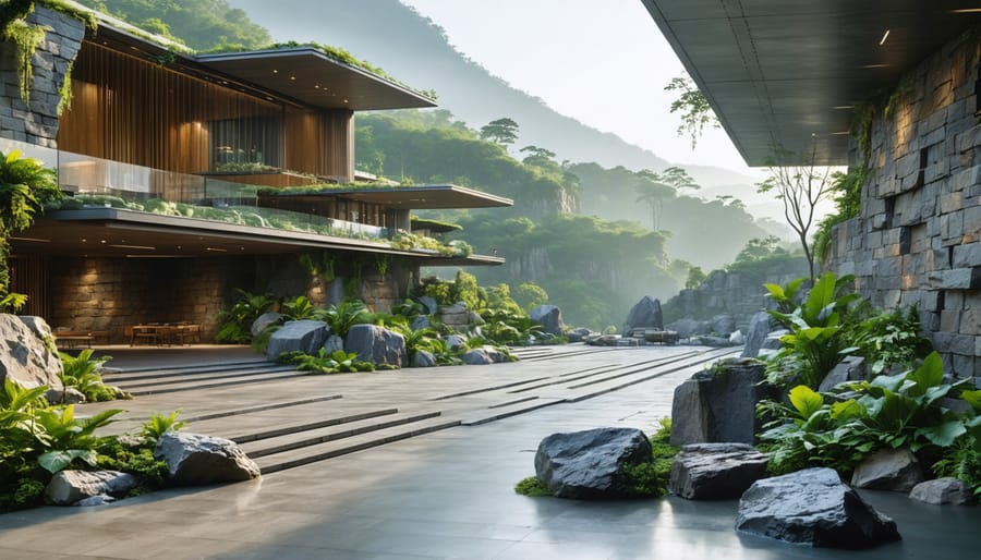 A modern building with natural stone elements surrounded by lush greenery, illustrating the sustainable use of stone in construction. The background shows a sustainable quarry operation, emphasizing eco-friendly stone extraction practices.