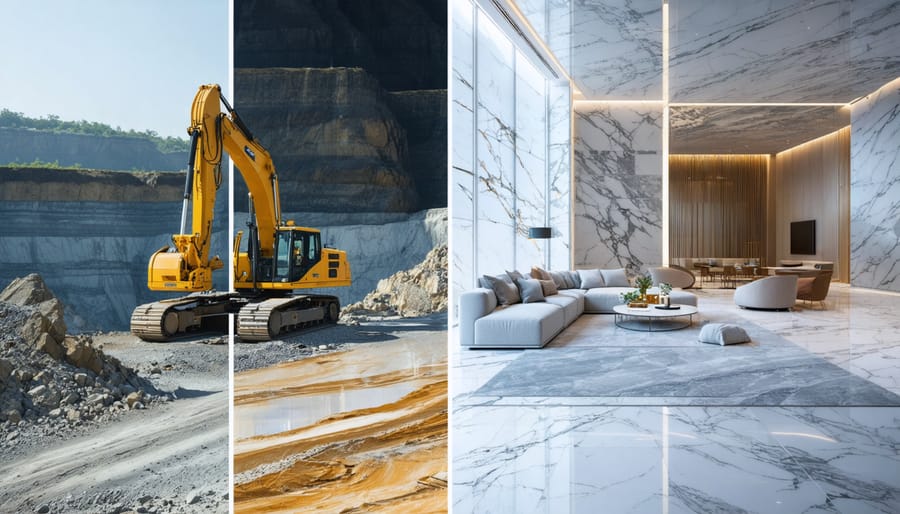 Sustainable journey of natural stone from quarry to luxury installation, highlighting environmental, economic, and social sustainability.