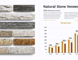 Illustration depicting various natural stone veneers such as granite, limestone, and marble, alongside charts reflecting market cost trends for 2024.
