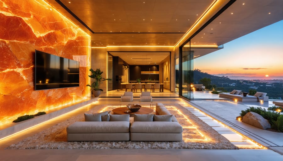A modern living room with backlit Honey Onyx wall and an outdoor patio paved with Sunset Sandstone, illustrating the seamless integration of orange natural stone in indoor and outdoor design.