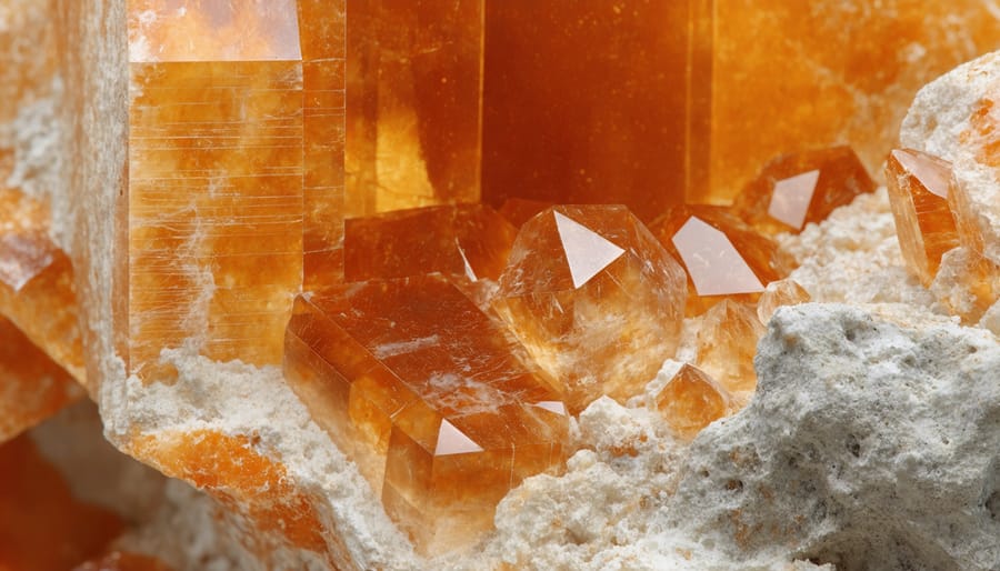 Close-up view of natural patterns and mineral formations in orange stone