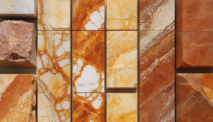 Comparison of three orange natural stone varieties showing their distinct textures and color variations