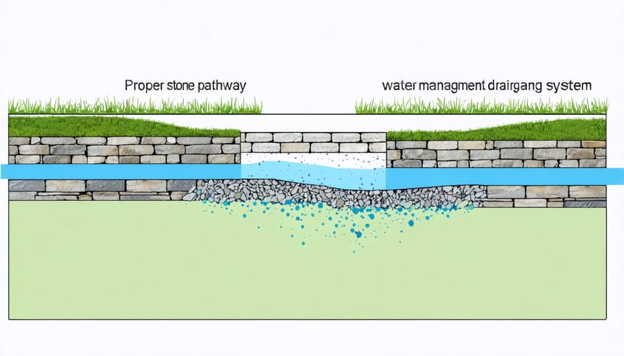 Technical illustration of stone pathway drainage system layers