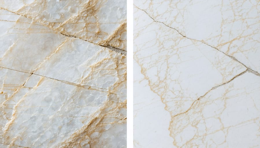 Side-by-side comparison showing damaged quartz surface before and after professional repair