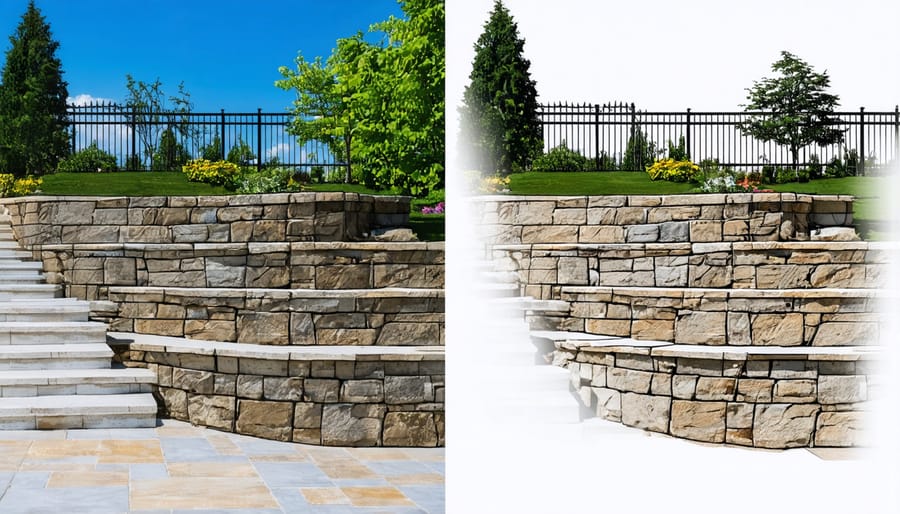 Split image showing property transformation with addition of elegant stone retaining wall