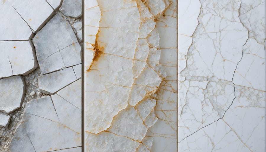 Various types of damage on a quartz countertop surface including chips and scratches