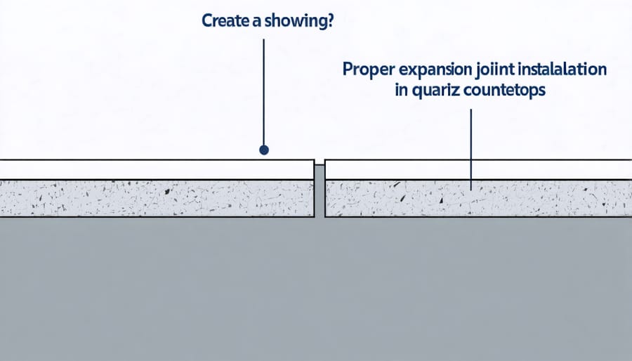 Technical illustration of expansion joint placement and spacing in quartz surfaces