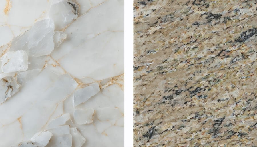 Close-up comparison showing the surface texture and pattern differences between quartz and granite countertops