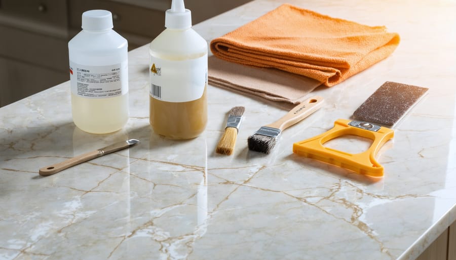 A quartz countertop showing minor chips and scratches, accompanied by tools for repair such as epoxy resin, sandpaper, and microfiber cloth, illustrating the precision and professional approach in quartz surface restoration.