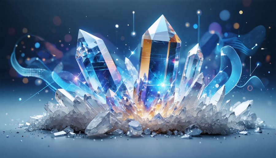 An artistic illustration showcasing the crystal structure of quartz with visual indicators of thermal expansion, such as arrows or wavy lines, set against a scientific background to emphasize its unique thermal properties.