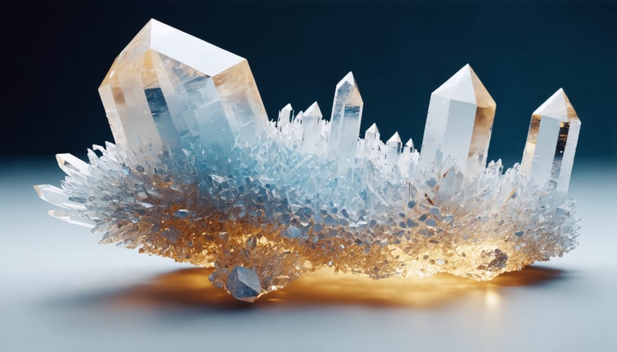 3D molecular diagram showing quartz crystal structure and thermal expansion movement