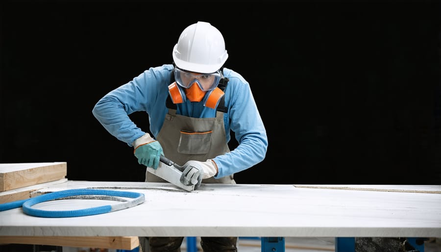 Stone worker demonstrating proper personal protective equipment during quartz fabrication