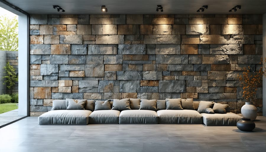 Contemporary living room with recycled stone accent wall showing multiple textures