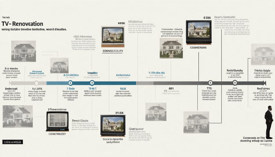 Side-by-side comparison of a 30-minute TV renovation versus actual 6-week project timeline