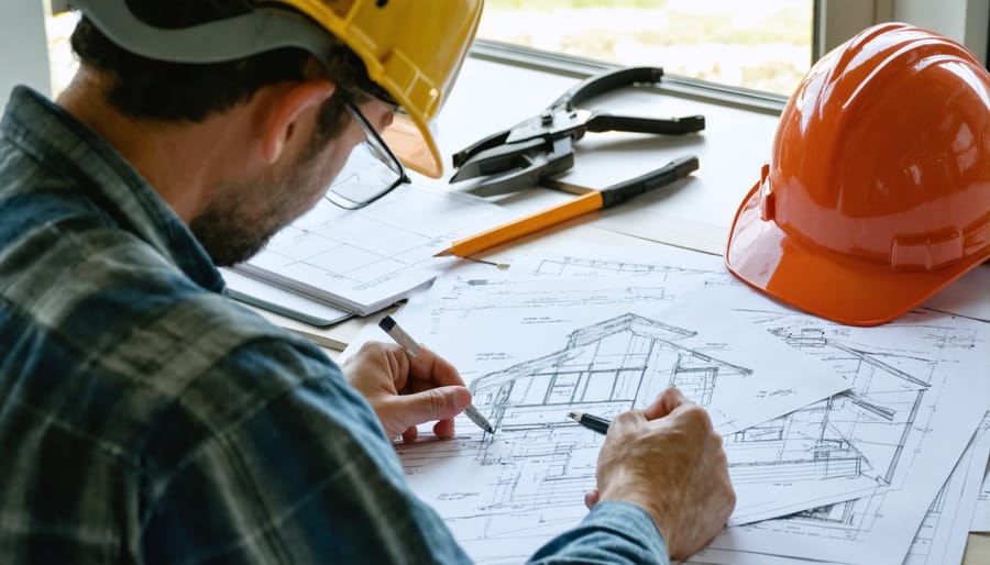 Contractor wearing safety gear while examining building permits and inspection documents