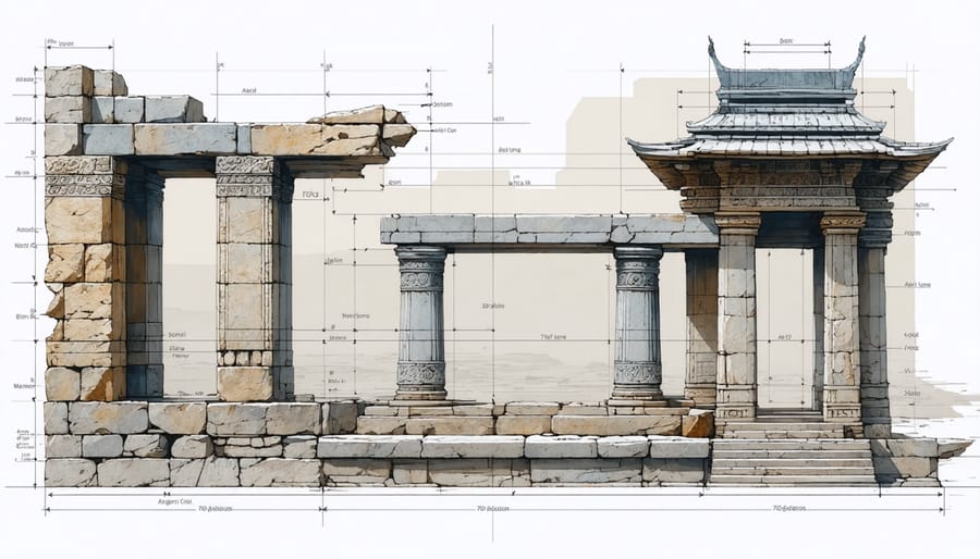 Illustrated diagram of Zoroastrian stone masonry techniques and assembly methods