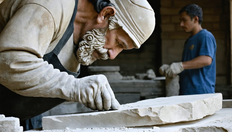 Traditional stonemason demonstrating craftsmanship to young apprentices