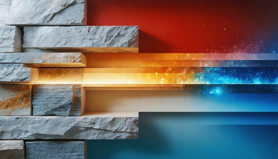 Conceptual representation of natural stone textures interacting with energy efficiency elements such as thermal resistance and heat retention, illustrated through temperature gradients.