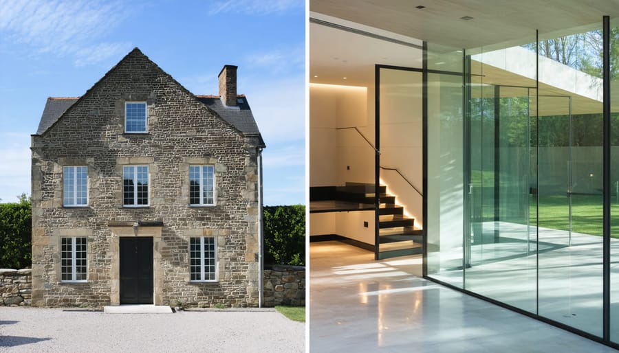A split image showing a historic stone house on one side and a modern glass extension on the other, representing the balance between traditional architecture and contemporary design.