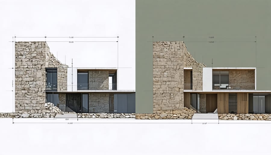 Split image showing stone quarrying process and its final application in green building design