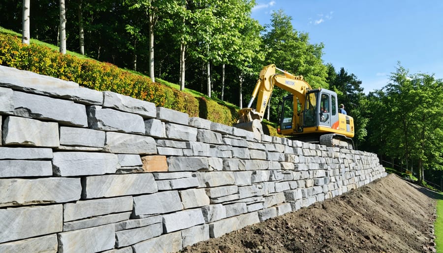 "Professional crew using heavy machinery to install large natural stone blocks for a retaining wall, set against a backdrop of lush greenery on a sloped property."