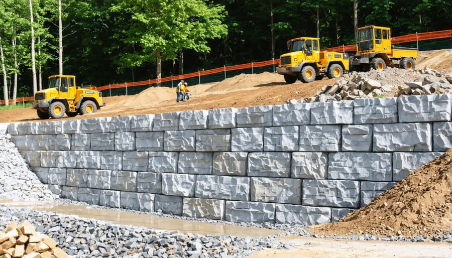 Construction crew installing large natural stone blocks for a retaining wall using heavy machinery
