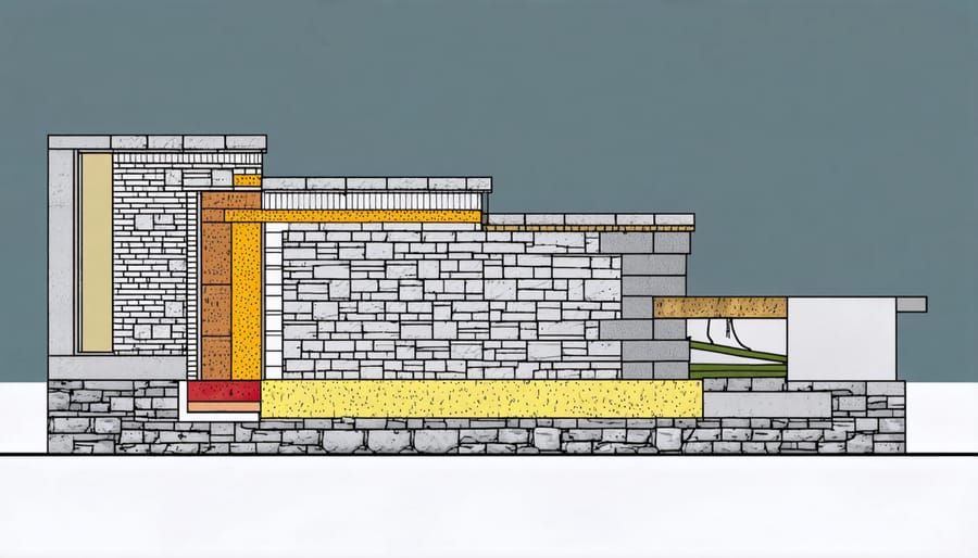 Technical illustration of stone wall insulation techniques and materials