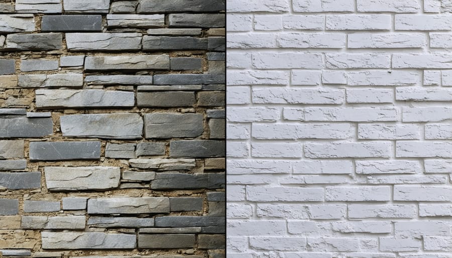 Before and after comparison of stone wall restoration, showing mortar repair and cleaning