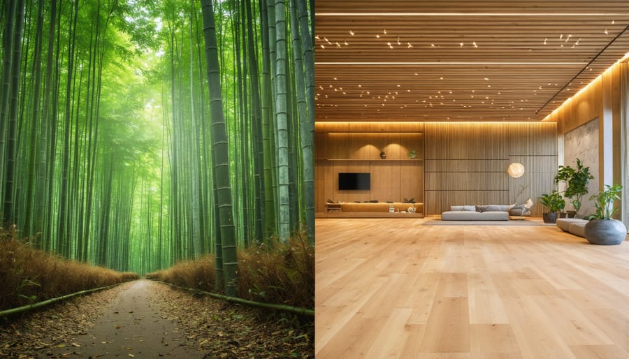 A split view of a vibrant bamboo forest juxtaposed with a modern room featuring bamboo flooring, representing bamboo's journey from nature to interior design.