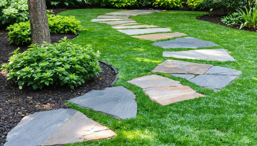 A beautifully crafted stone pathway in a backyard, made from a mix of locally sourced flagstone, slate, and limestone, surrounded by lush greenery, embodying sustainability and natural aesthetic integration.