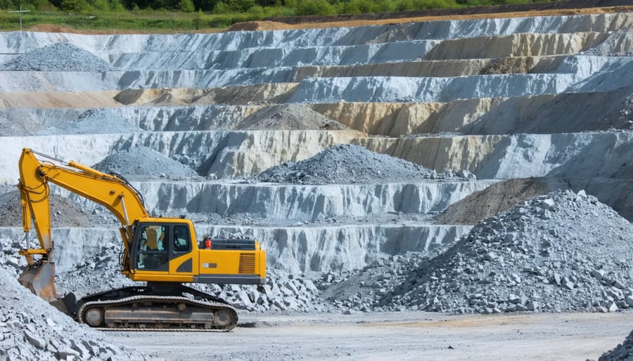 Aerial view of an environmentally responsible stone quarry with restored areas and active extraction zones