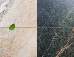 Split view of a natural stone surface showing the impact of a sustainable enhancer sealer: one side untreated and the other vibrantly colored and enhanced, symbolizing eco-friendly stone care.