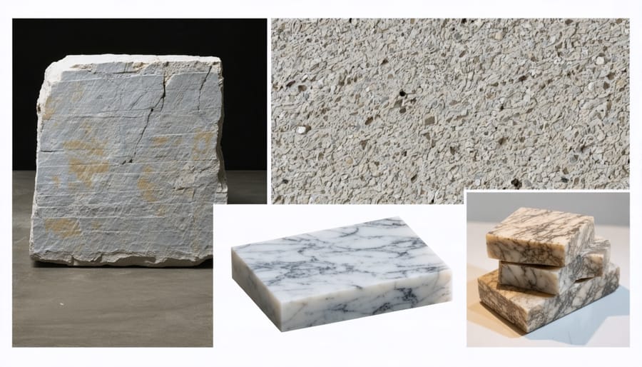 Conceptual image portraying the journey of stone from raw material to polished product, integrating elements of CNC machining, representing precision and craftsmanship in stone manufacturing.