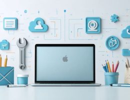 Conceptual image depicting a MacBook with icons of a wrench, digital components, and data protection symbols, representing troubleshooting MacOS installation issues and achieving successful resolution.