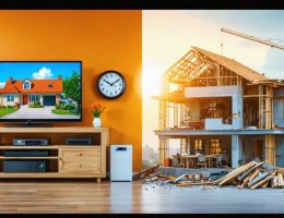 A split-screen illustration showing the glossy, fast-paced transformation of a TV home renovation compared to the detailed, busy, and realistic process of an actual renovation, highlighting the differences in timelines and professional involvement.