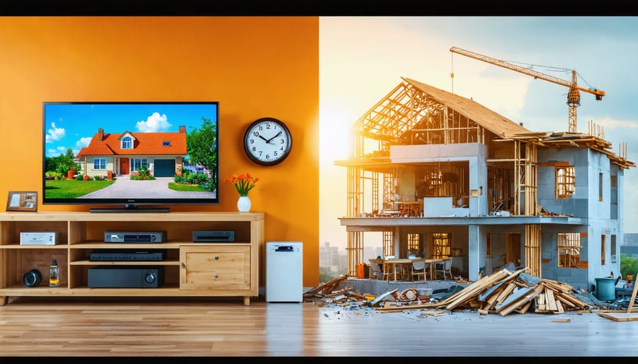 A split-screen illustration showing the glossy, fast-paced transformation of a TV home renovation compared to the detailed, busy, and realistic process of an actual renovation, highlighting the differences in timelines and professional involvement.