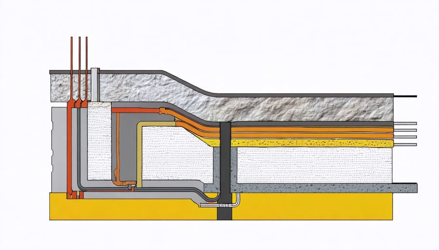 Layered diagram showing underfloor heating system components including insulation, heating elements, and flooring