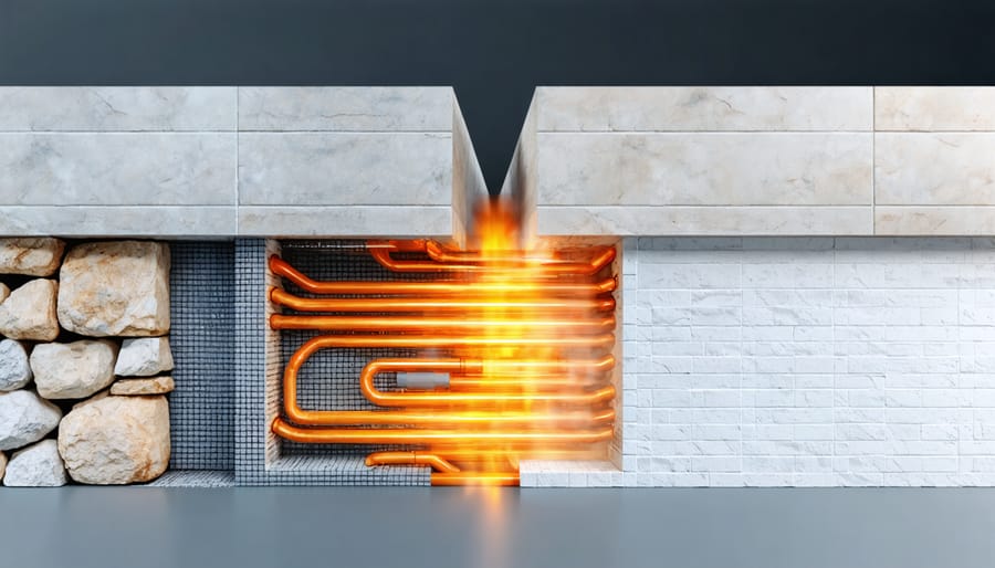 A split-screen conceptual image comparing hydronic and electric underfloor heating systems, showcasing water pipes beneath stone tiles on the left and heating mats beneath ceramic tiles on the right.