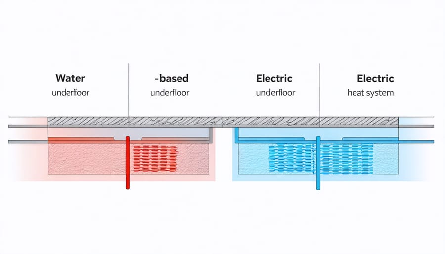 Comparison diagram of water-based versus electric underfloor heating systems with labeled components